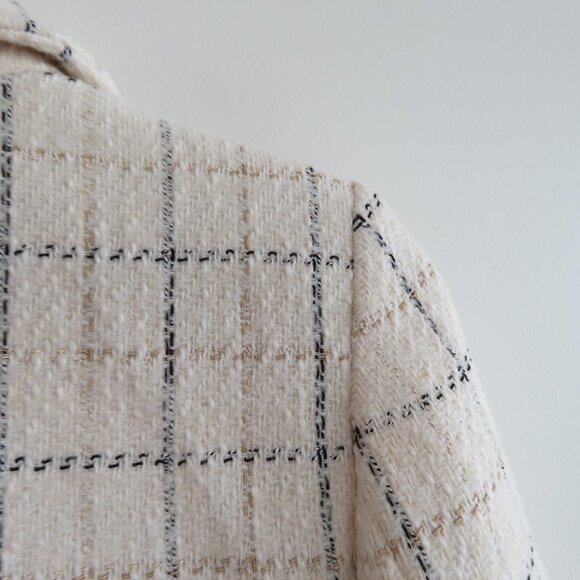 MANGO MNG Cropped Tweed Blazer in Cream Plaid Preppy Old Money Academia Size XS - Picture 12 of 13